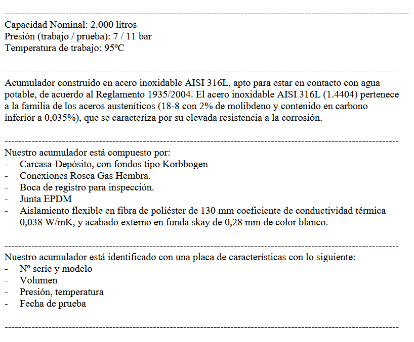 Especificaciones técnicas del Acumulador ACS INOX PREMIUM SUICALSA DAB200X07RFP